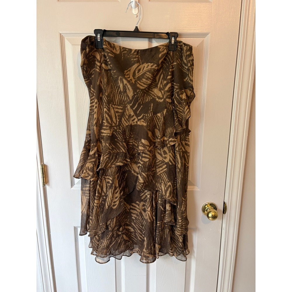 Lauren Ralph Lauren Ruffle Skirt Womens XL Brown Silk Tiered Leaf Print Midi